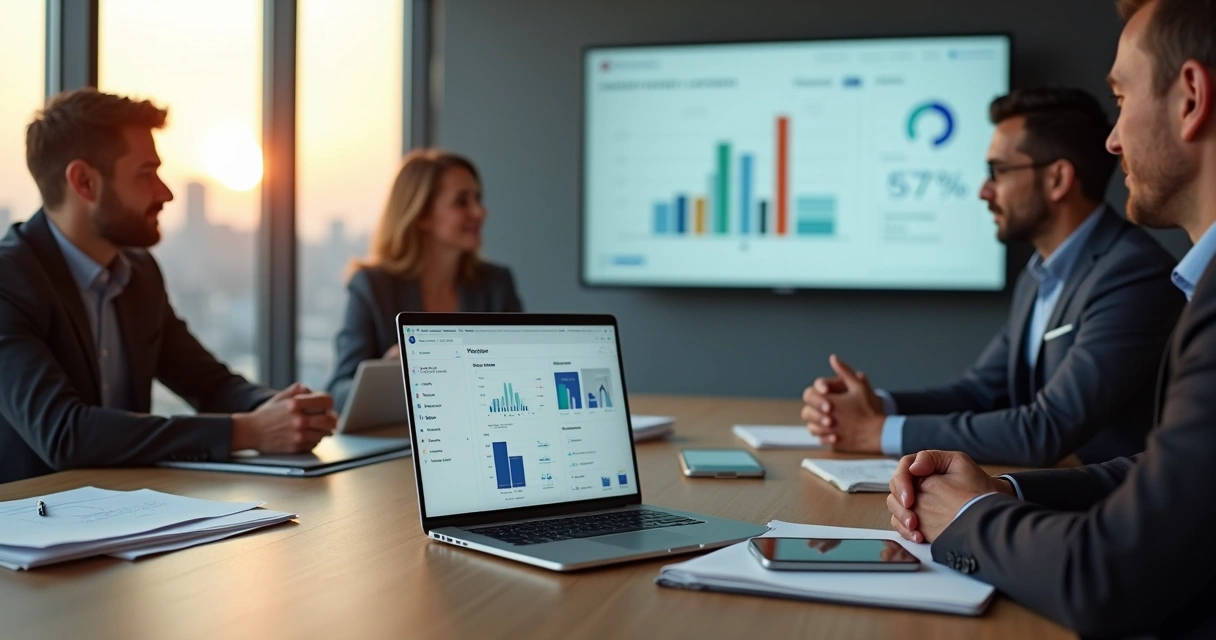 Empreendedores apresentando MVP em notebook para investidores em reunião moderna