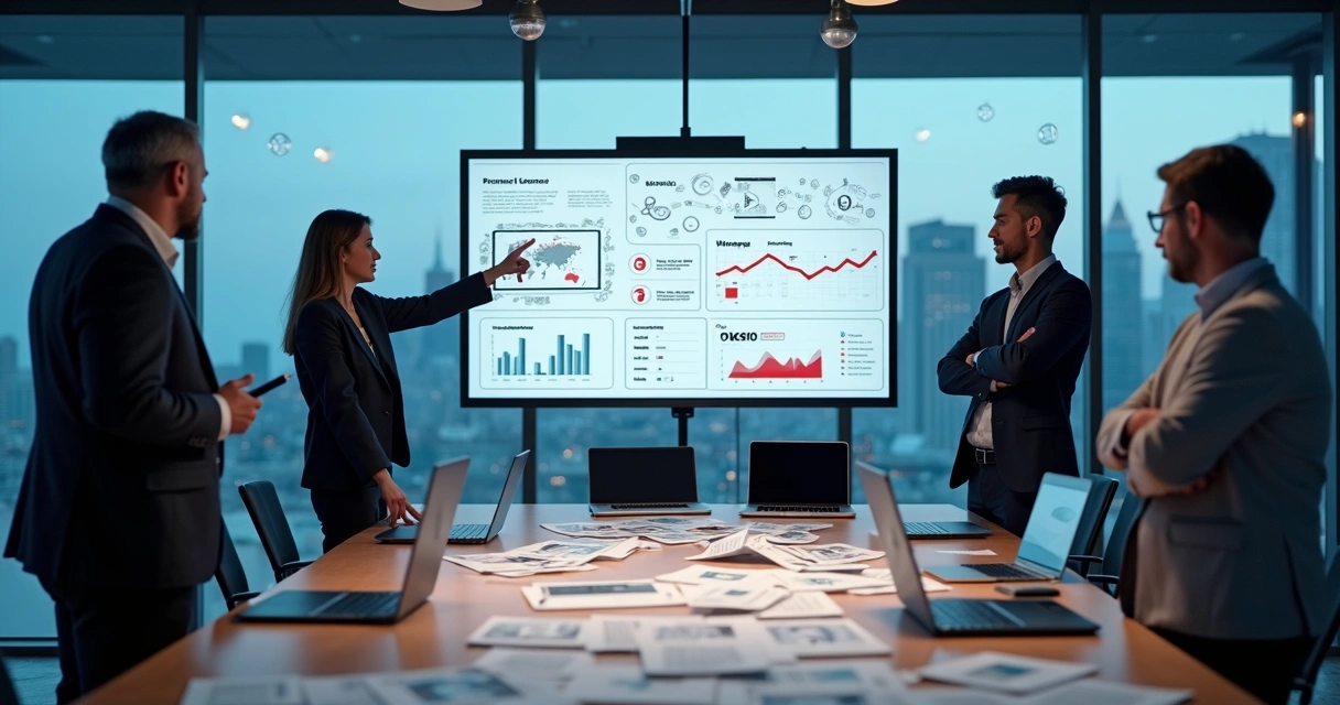 Gestores analisando projeto de aplicativo com problemas em painel digital