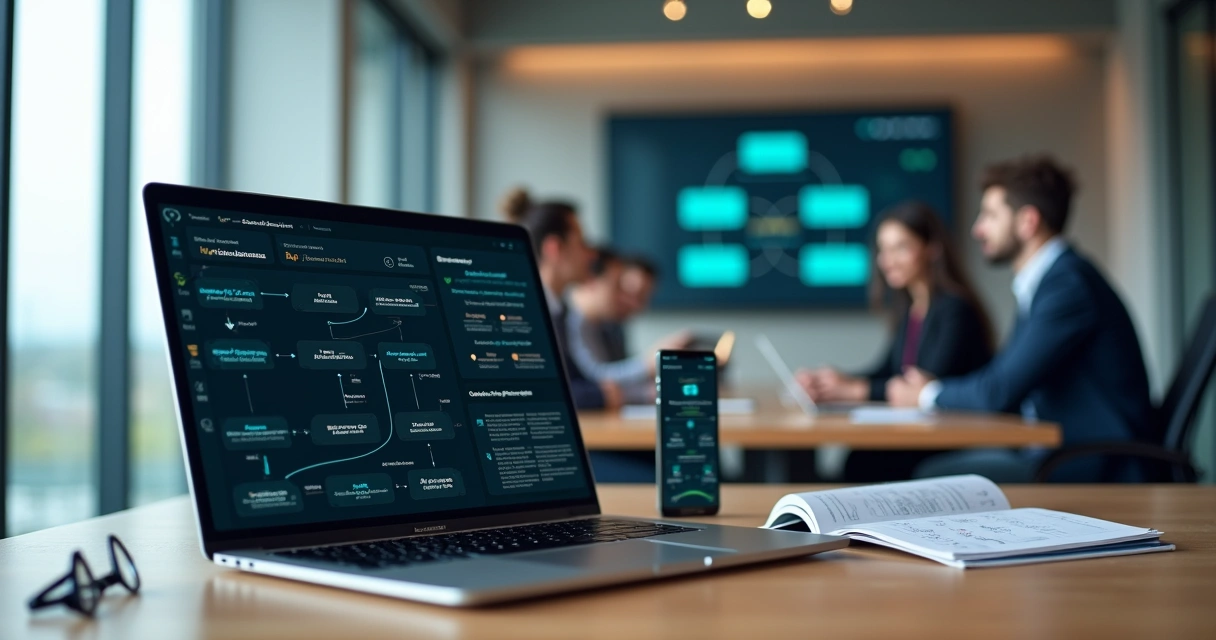 Tela de aplicativo corporativo com ícones de APIs conectadas em ambiente de escritório moderno