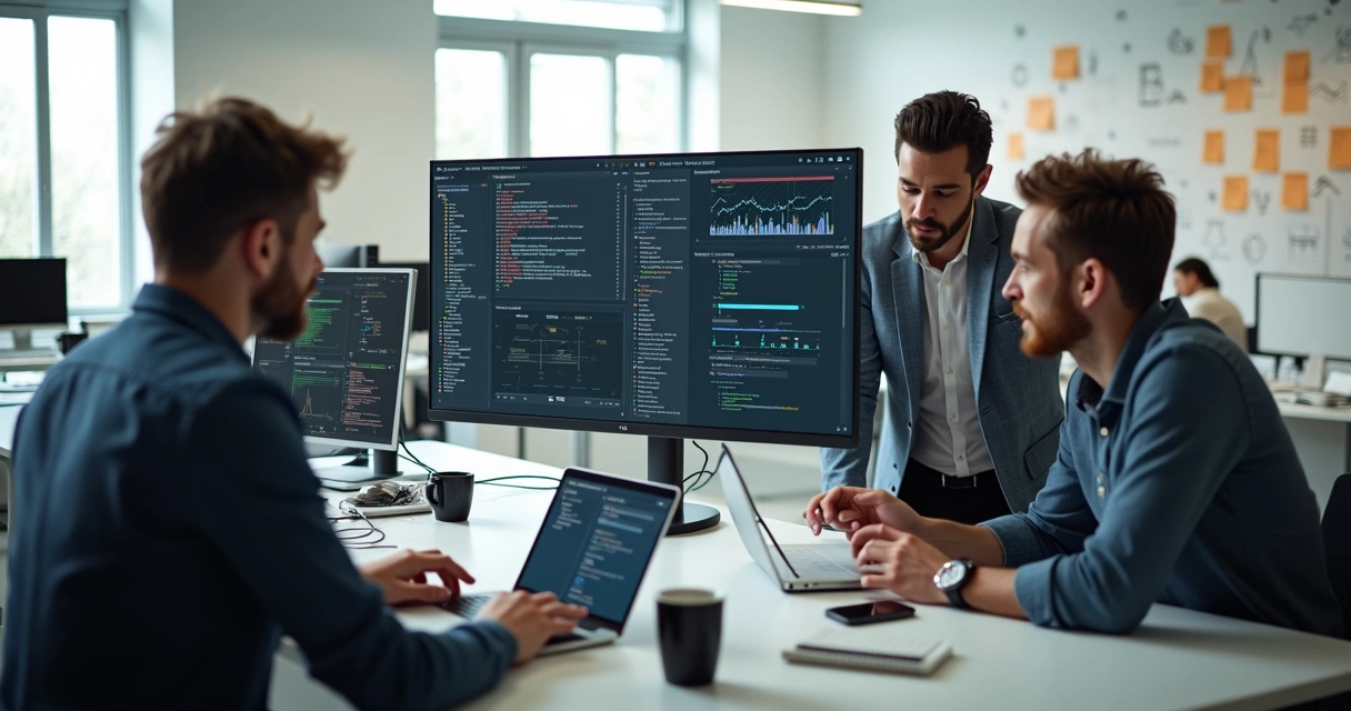 Equipe analisando testes automatizados em aplicativo móvel com painel de resultados na tela