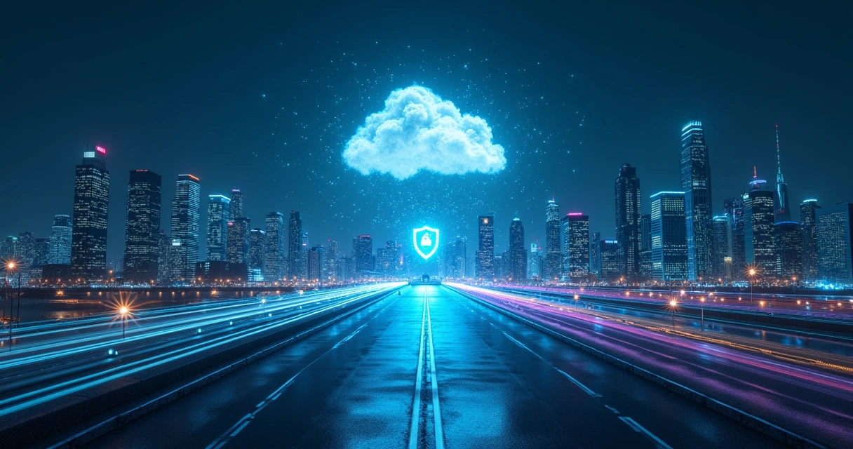 Horizonte de cidade digital com nuvem protegida por escudo em ponte de dados brilhante