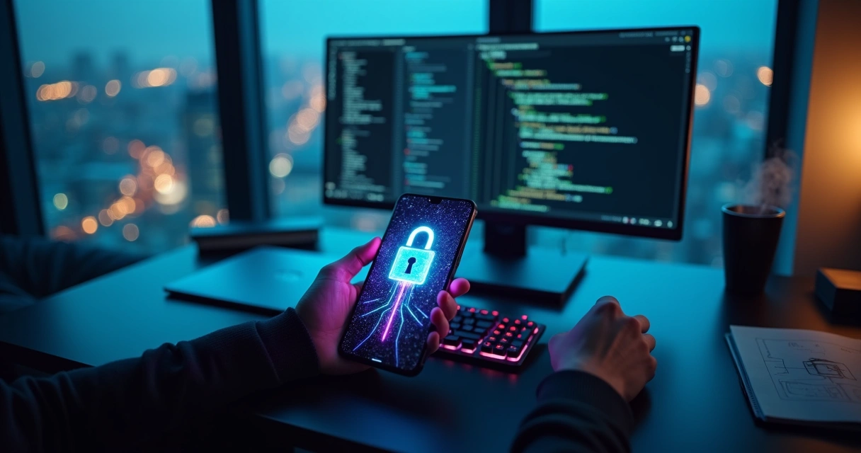 Desenvolvedor segurando smartphone com cadeado digital brilhando sobre código na tela