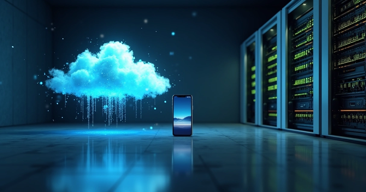 Sala escura com metade em nuvem digital azul e metade com racks de servidores