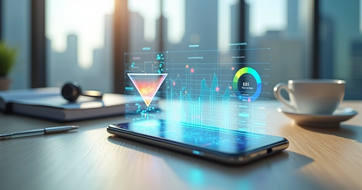 Dashboard de métricas de crescimento de app projetado sobre smartphone em mesa de escritório