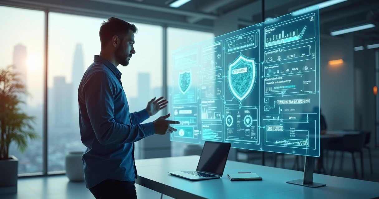 Desenvolvedor de SaaS analisando painel holográfico com métricas e fluxos de sistema