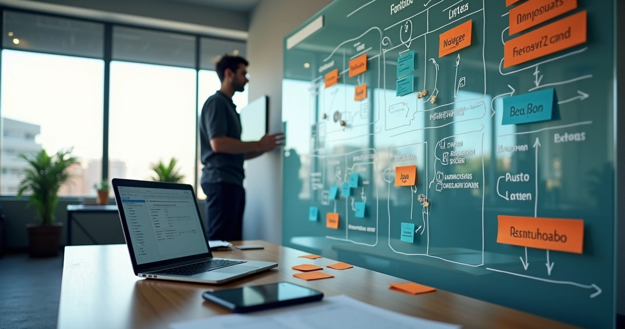 Profissional analisando opções de tecnologias para montar o stack de um aplicativo em grande painel lógico