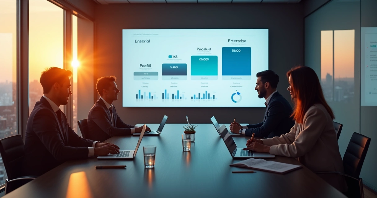 Gestores B2B analisam tela gigante com planos de assinatura SaaS em diferentes camadas
