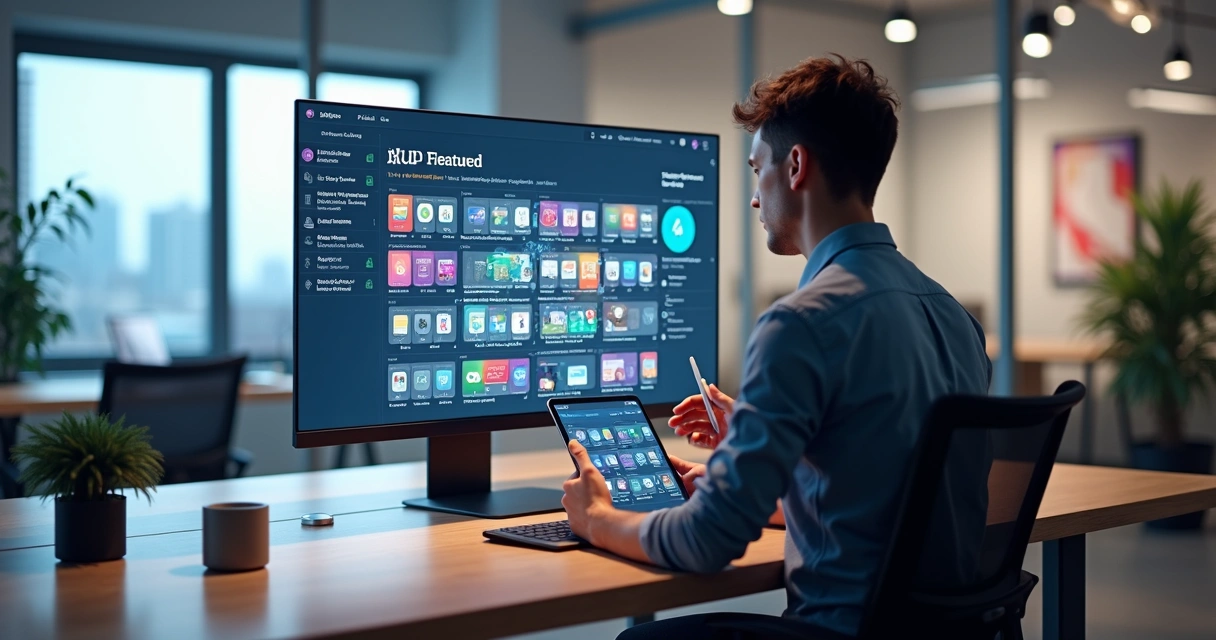 Empreendedor organizando vitrine digital cheia de ícones de aplicativos